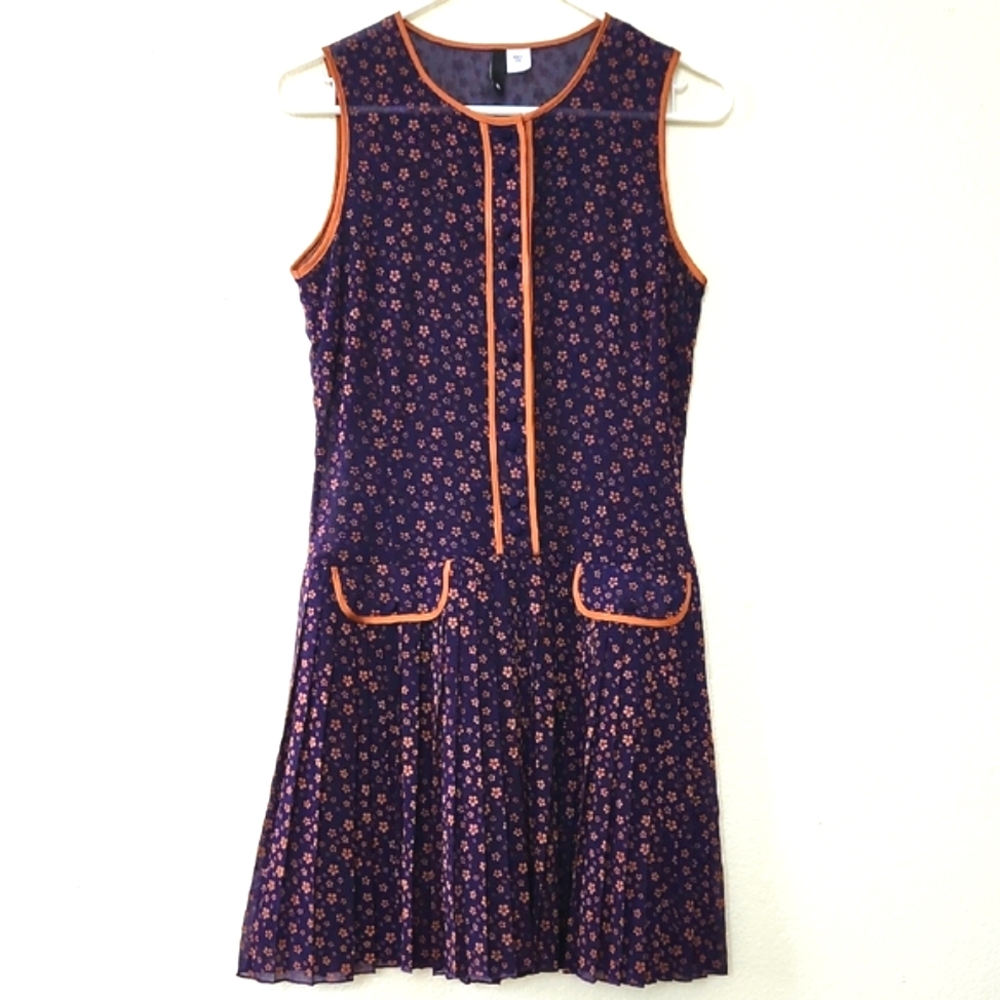 H&M Divided Floral Drop Waist Pleated Dress Navy Copper Drop Waist Retro Sz 6